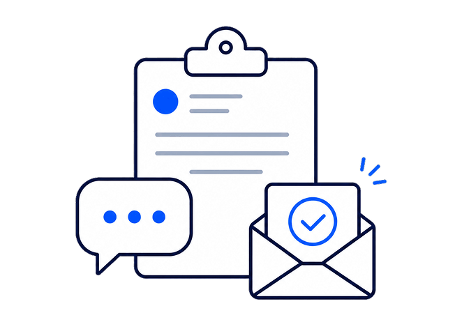 Illustration of a clipboard with a chat bubble and an opened email showing a checkmark.