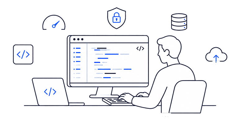 Illustration of a developer writing code at a desktop, with icons for performance, security, database, code and cloud upload.