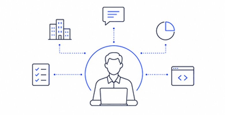 Illustration of a professional working on a laptop, surrounded by icons for a company building, chat, analytics, a checklist and code.
