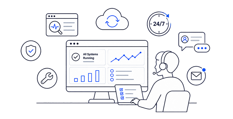 Illustration of a support agent in a headset watching a dashboard that reads "All Systems Running," with icons for 24/7 support, security, cloud sync and email.