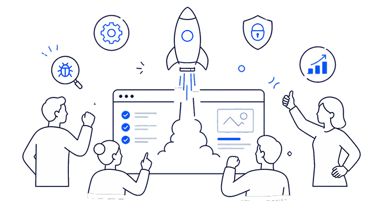Illustration of a team celebrating a product launch, with a rocket taking off from a screen and icons for bug testing, settings, security and growth.