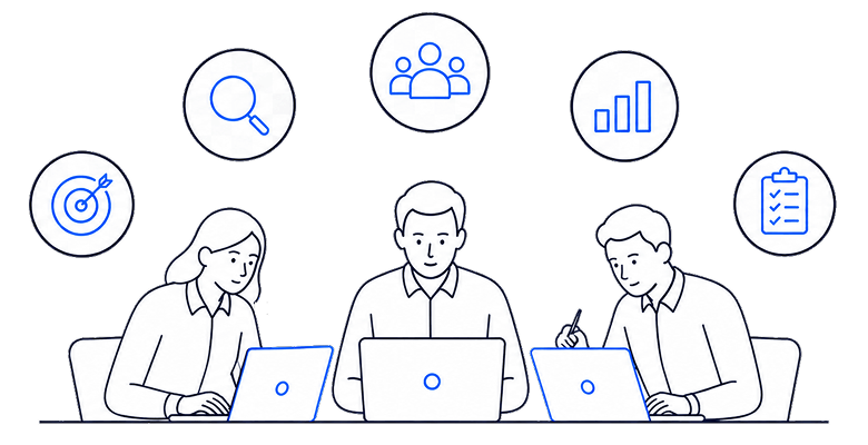 Illustration of three colleagues working on laptops, with icons above them for goals, search, teamwork, analytics and task lists.