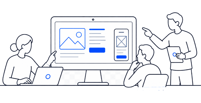 Illustration of three people reviewing a website and mobile app design on a large monitor.